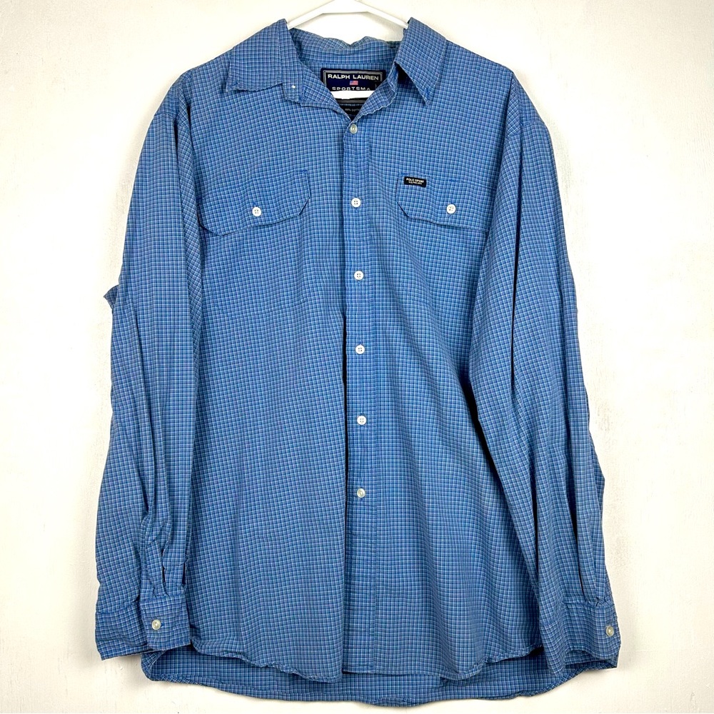 **SOLD**Ralph Lauren Sportsman | Long sleeve button up blue plaid 2 pockets